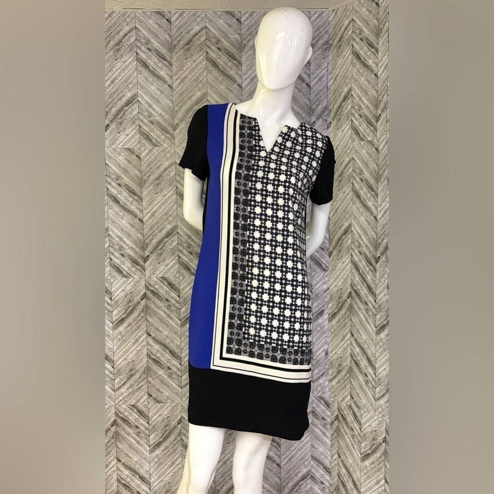Ivanka Trump Black, white Blue Geometric mini dress, v-neck tunic size 6